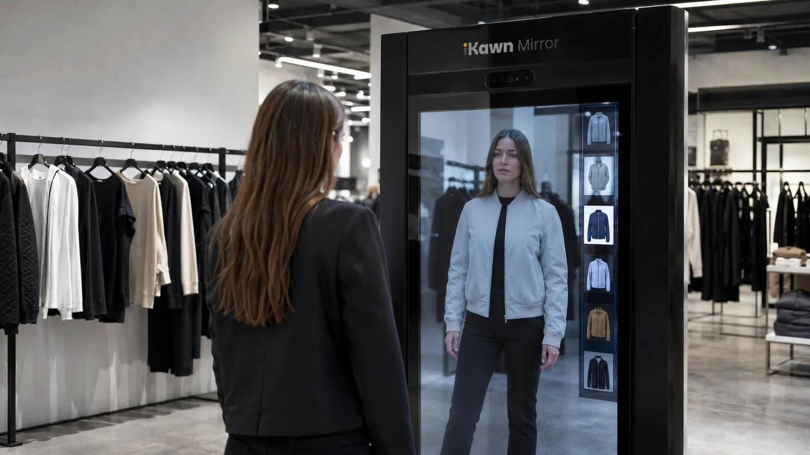 Shopper using an iKawn Mirror virtual try-on kiosk inside a fashion store.