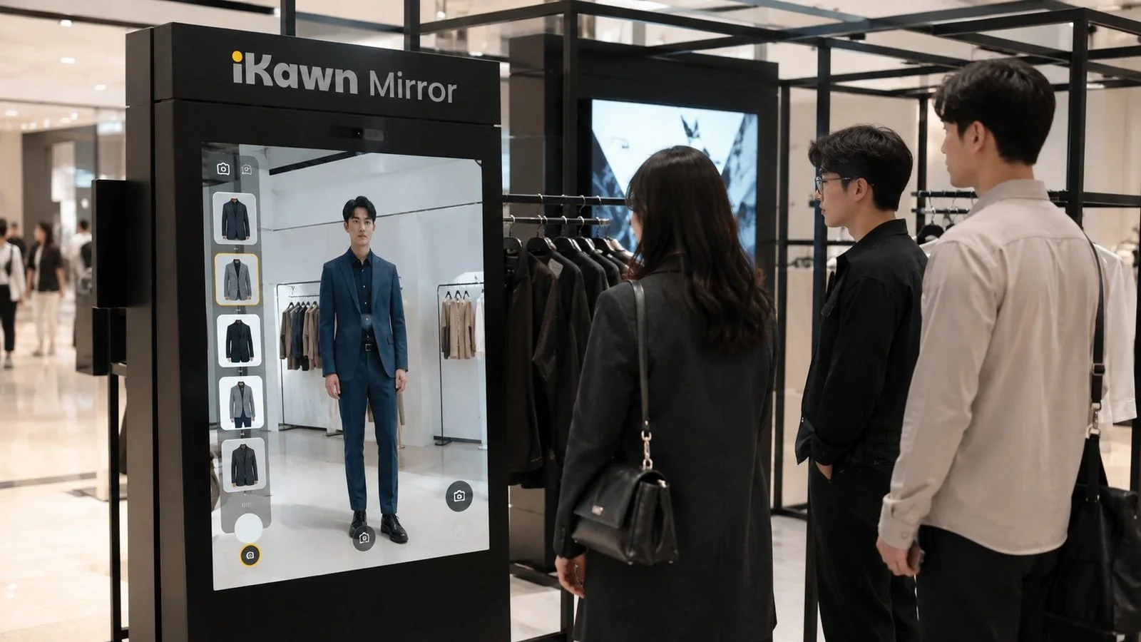 Visitors using an iKawn Mirror virtual try-on experience at a fashion event.