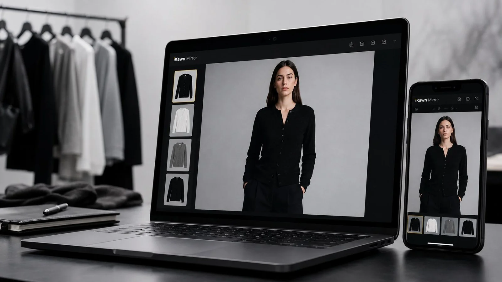 iKawn Mirror virtual try-on experience across a fashion website and mobile device.